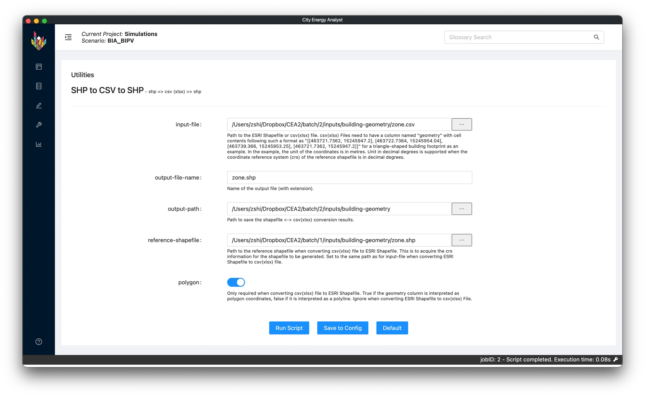  Fig.cea-s-01-05 presents an examplary setting on CEA Dashboard to convert zone.csv to zone.shp. 