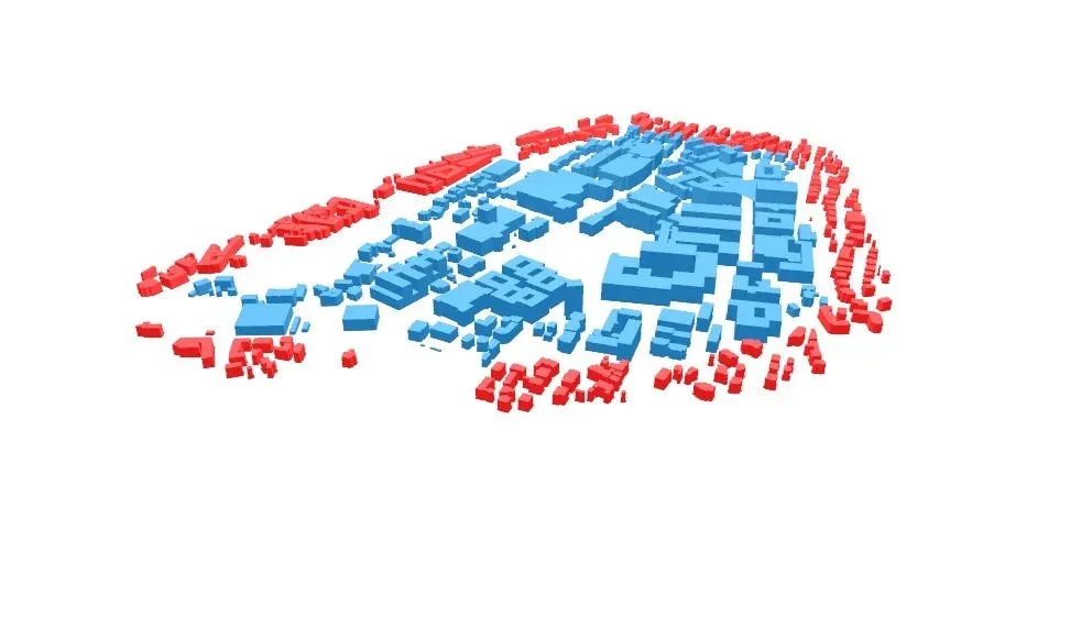  Blue: Zone of analysis in CEA, Red (RESULT): District or geometry of surrounding buildings in CEA 