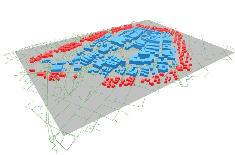  Blue: Zone of analysis in CEA, Red: District or geometry of surrounding buildings in CEA, Grey: Digital Elevation Model of the terrain, Green (RESULT): street network 