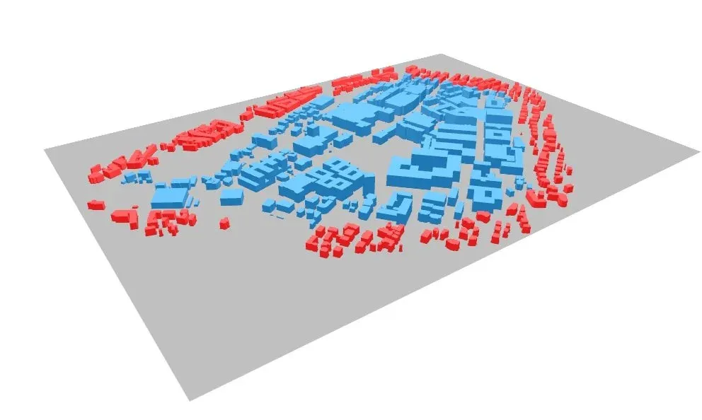  Blue: Zone of analysis in CEA, Red: District or geometry of surrounding buildings in CEA, Grey (RESULT): Digital Elevation Model of the terrain. 