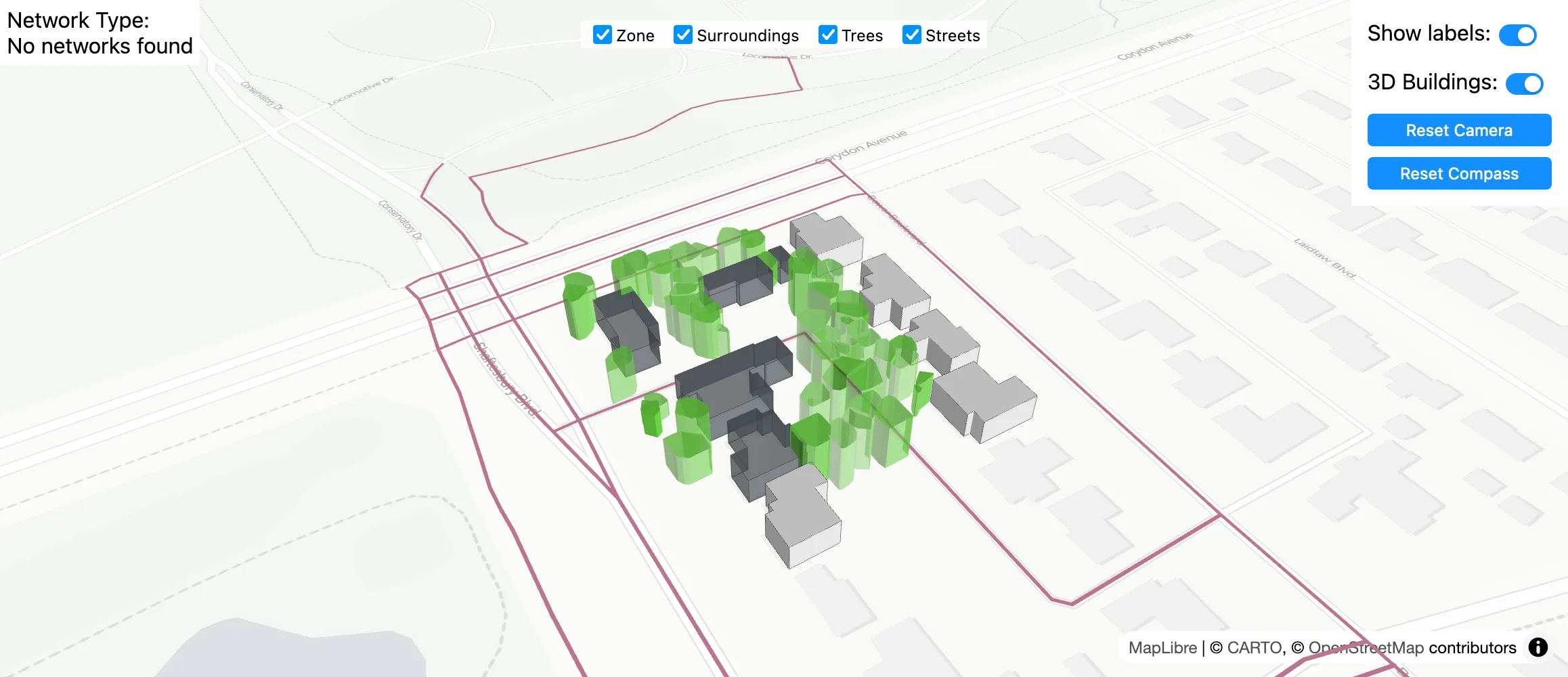  Fig.cea-a-02-01 presents a screenshot how trees an illustrated by CEA Dashboard’s Input editor. The location of these buildings and trees is at a residential area in the City of Winnipeg, Canada. 
